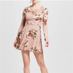 XHILARATION Long Sleeve Mini Skater Dress Floral Dusty Mauve Pink Size XXL